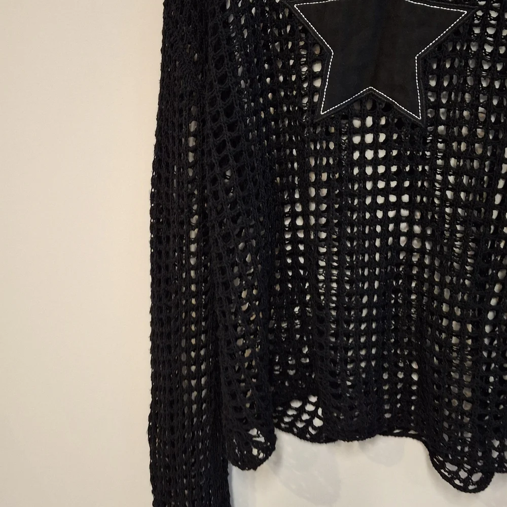 Daisy Street Black Open-Knit Sweater Crochet Top Long Sleeve Star Knit Long Soft - Picture 3 of 9